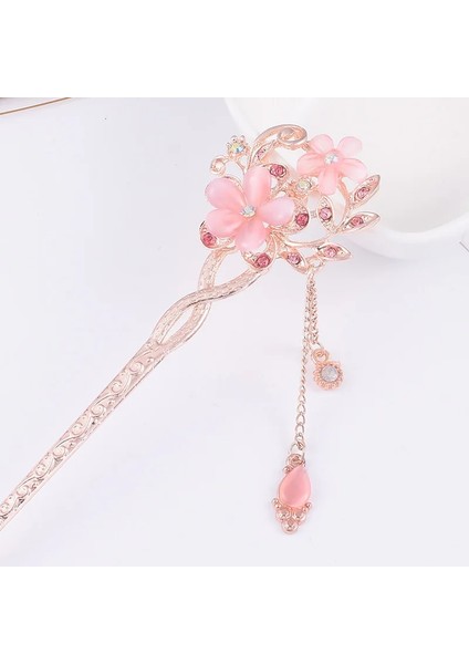 Pembe Moda Metal Çin Tarzı Saç Sopa Çiçek Taklidi Saç Çubuklarını Saç Tokası Kedi Gözü Taş Klip Kadın Saç Aksesuarları (Yurt Dışından)