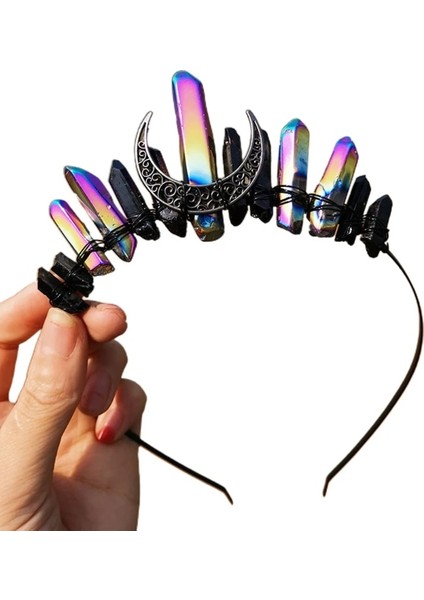 No.1 Boyutu El Yapımı Sahte Ham Kristal Kafa Kuvars Siyah Ay Gelin Alaşım Tiara Taç Bayanlar Düğün Parti Gelin Jewely Headdress (Yurt Dışından)