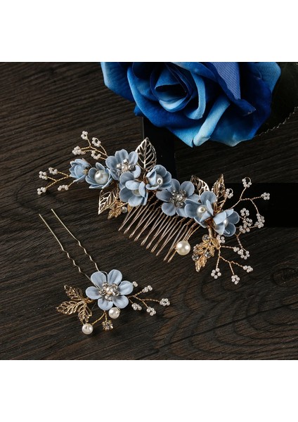 Z2 2021 Moda Lüks Mavi Çiçek Saç Tarakları Headdress Balo Saç Aksesuarları Altın Yapraklar Saç Gelin Düğün Takı Saç Tokası (Yurt Dışından) fiyatları