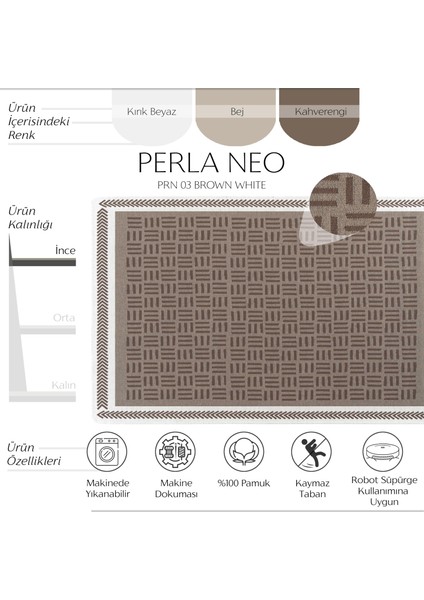 Perla Neo Prn 03 Brown White Pamuklu Banyo Balkon Kilimi Makinede Yıkanabilir Mutfak Kilim