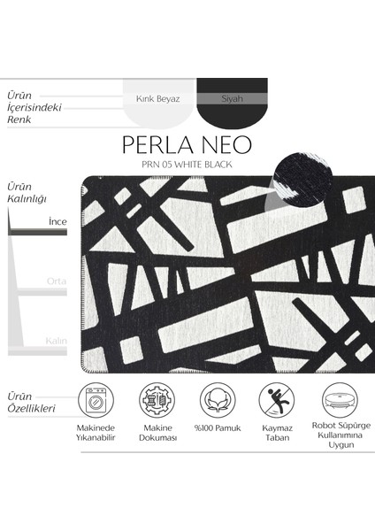 Perla Neo Prn 05 White Black Pamuklu Banyo Balkon Kilimi Makinede Yıkanabilir Mutfak Kilim