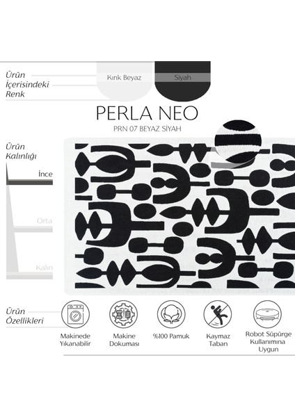 Perla Neo Prn 07 White Black Pamuklu Banyo Balkon Kilimi Makinede Yıkanabilir Mutfak Kilim