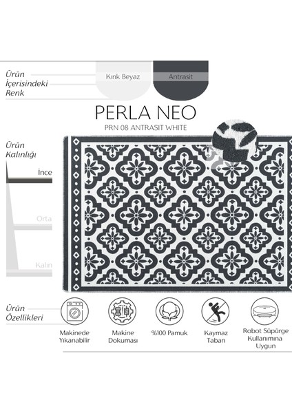 Perla Neo Prn 08 Antrasit White Pamuklu Banyo Balkon Kilim Makine Yıkanabilir Mutfak Kilim