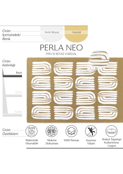 Perla Neo Prn 10 White Yellow Pamuklu Banyo Balkon Kilim Makinede Yıkanabilir Mutfak Kilim