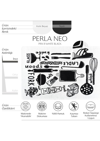 Perla Neo Prn 11 White Black Pamuklu Banyo Balkon Kilimi Makinede Yıkanabilir Mutfak Kilim