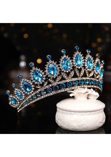 HG614 Lüks Mavi Rhinestone Kristal Düğün Taç Gelin Tiaras ve Taçlar Kraliçe Diadem Pageant Taç Gelin Saç Takı Aksesuarları (Yurt Dışından) modelleri