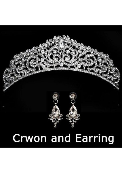 Gümüş Kaplı Düğün Taç Kraliçe Gelin Tiara Gelin Tacı Küpeli Lüks Rhinestone Kafa Bandı Diadem Gelin Saç Takı Süsler (Yurt Dışından)