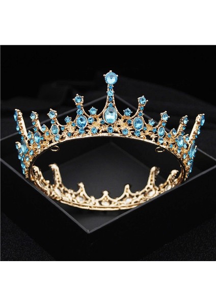 Altın Açık Mavi Barok Vintage Kraliyet Kraliçe Kral Yuvarlak Kristal Düğün Taç Gelin Tiaras ve Taçlar Diadem Gelin Saç Takı Aksesuarları (Yurt Dışından)