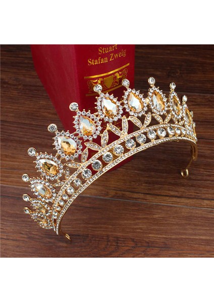 Tiara Altın L Sarı Vintage Kristal Tiaras ve Taçlar Kraliçe Kral Gelin Pageant Diadem Kadın Erkek Başlığı Düğün Gelin Saç Takı Aksesuarları (Yurt Dışından)