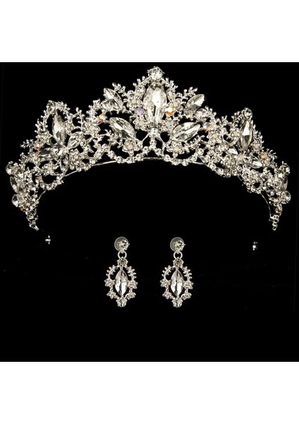 Pembe Düğün Taç Kraliçe Gelin Tiara Gelin Tacı Küpeli Lüks Rhinestone Kafa Bandı Diadem Gelin Saç Takı Süsler (Yurt Dışından)