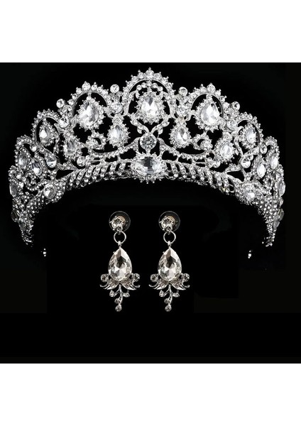 Pembe Düğün Taç Kraliçe Gelin Tiara Gelin Tacı Küpeli Lüks Rhinestone Kafa Bandı Diadem Gelin Saç Takı Süsler (Yurt Dışından) fiyatları