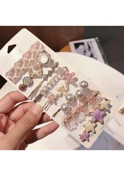 8pc-4 Pembe Kore Inci Kristal Akrilik Saç Klipleri Kadınlar Için Set Retro Geometrik Tokalarım Firkete Kız Saç Aksesuarları Moda Takı (Yurt Dışından)