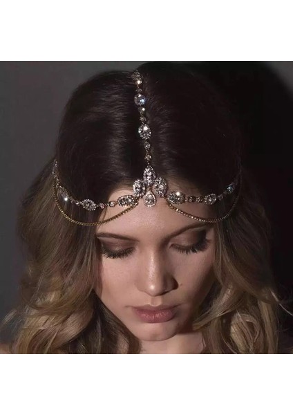 Gümüş Rengi Düğün Gelin Saç Zinciri ile Kristal Alın Headdress Kadın Ren Taşlı Gelin Düğün Saç Takı (Yurt Dışından) fiyatları
