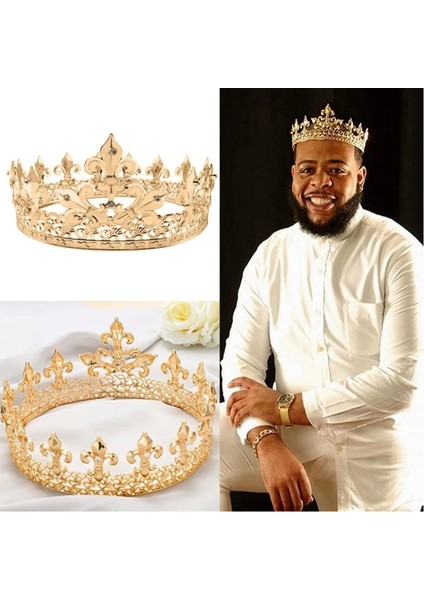 Altın Rengi 3 Barok Vintage Kraliyet Kral Taç Erkekler Için Tam Yuvarlak Şerit Büyük Altın Tiaras ve Taçlar Balo Parti Kostüm Saç Aksesuarları Erkekler (Yurt Dışından)