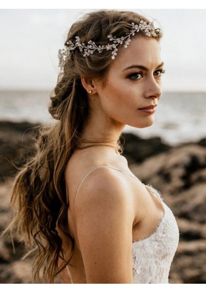 Altın Gül Düğün Headdress Inci Kristal Kafa Gelin Saç Aksesuarları Başlığı Kadınlar El Yapımı Tiara Düğün Saç Süsleri Takı (Yurt Dışından)