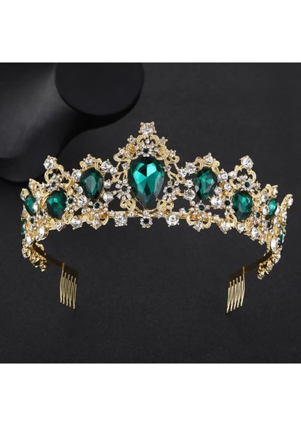 Altın Yeşil Tarak Barok Taç Kırmızı Mavi Yeşil Kristal Gelin Tiaras Taç Vintage Altın Saç Aksesuarları Düğün Rhinestone Diadem Pageant Taçlar (Yurt Dışından)
