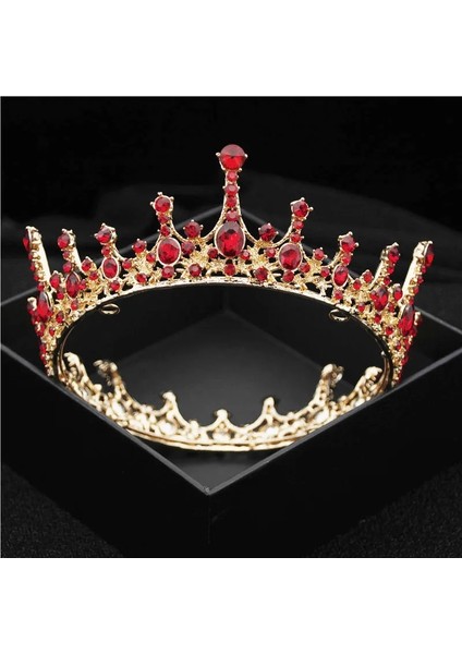 Altın Kırmızı Barok Vintage Kraliyet Kraliçe Kral Yuvarlak Kristal Düğün Taç Gelin Tiaras ve Taçlar Diadem Gelin Saç Takı Aksesuarları (Yurt Dışından)