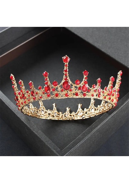Altın Kırmızı Barok Vintage Kraliyet Kraliçe Kral Yuvarlak Kristal Düğün Taç Gelin Tiaras ve Taçlar Diadem Gelin Saç Takı Aksesuarları (Yurt Dışından)