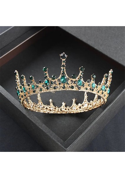 Altın Kırmızı Barok Vintage Kraliyet Kraliçe Kral Yuvarlak Kristal Düğün Taç Gelin Tiaras ve Taçlar Diadem Gelin Saç Takı Aksesuarları (Yurt Dışından)