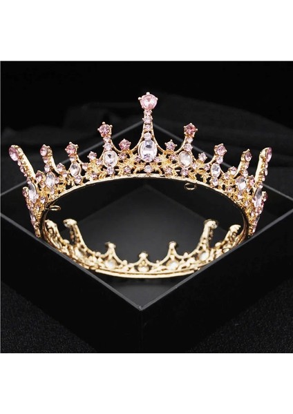 Altın Kırmızı Barok Vintage Kraliyet Kraliçe Kral Yuvarlak Kristal Düğün Taç Gelin Tiaras ve Taçlar Diadem Gelin Saç Takı Aksesuarları (Yurt Dışından)