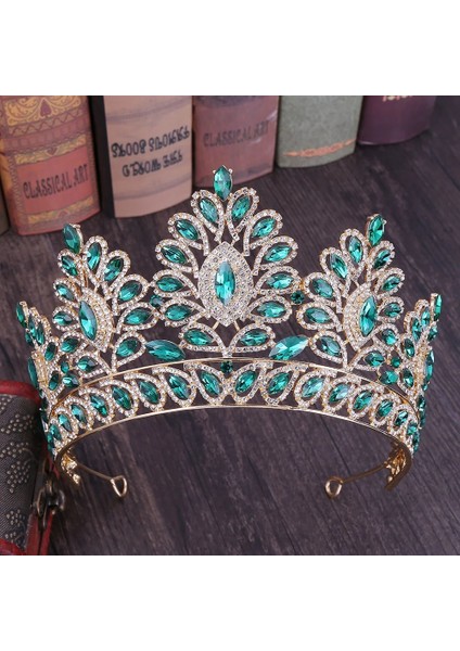 Yeşil Büyük Barok Kristal Tiaras Düğün Taç Gelinler Kadınlar Için Saç Aksesuarları Başlıklar Prenses Pageant Couronne Mariage Forseven (Yurt Dışından)