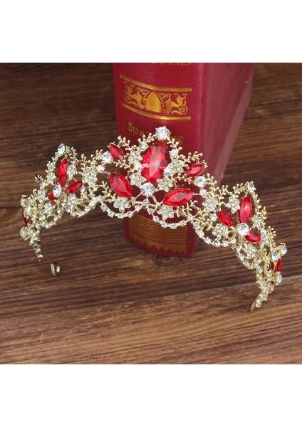 Altın Kırmızı Düğün Gelin Tiara Taç Kraliçe Gelin Altın Kırmızı Kristal Diadem Saç Süsler Kafa Takı Aksesuarları Kadın Pageant Başlığı (Yurt Dışından)