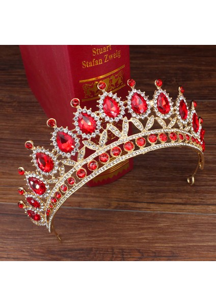 Altın Kırmızı Düğün Gelin Tiara Taç Kraliçe Gelin Altın Kırmızı Kristal Diadem Saç Süsler Kafa Takı Aksesuarları Kadın Pageant Başlığı (Yurt Dışından) fiyatları