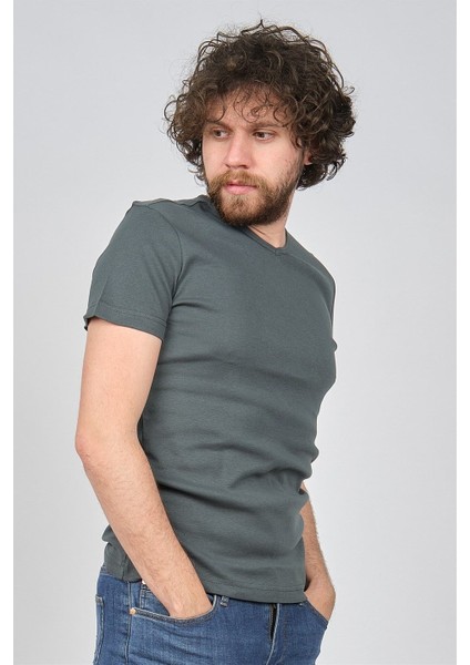T-Shirt W23594 V Yaka Düz Ribana