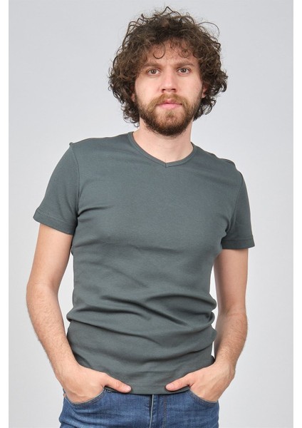T-Shirt W23594 V Yaka Düz Ribana modelleri