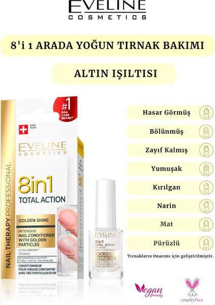 Eveline Cosmetics 8 In 1 Total Golden Shine Intensive Nail Conditioner 12ML Yoğun Tırnak Bakım Kremi