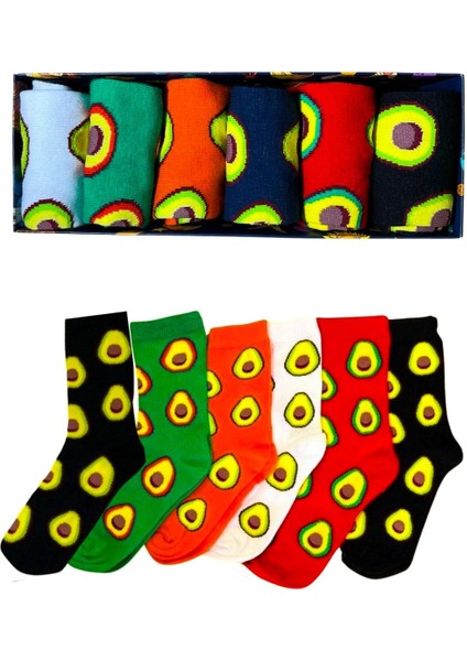 Socks And More Avokado Desenli 6'lı Çorap Kutusu Unisex Renkli