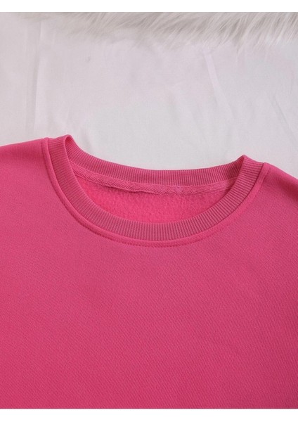 Kadın Basic 0 Sıfır Yaka Baskısız Düz Oversize Salaş Bol Kesim Polar Sweatshirt