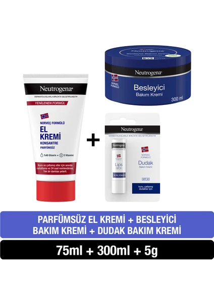 Norveç Formülü Besleyici Bakım Kremi 300 ml + Parfümsüz El Kremi 75 ml + Dudak Kremi