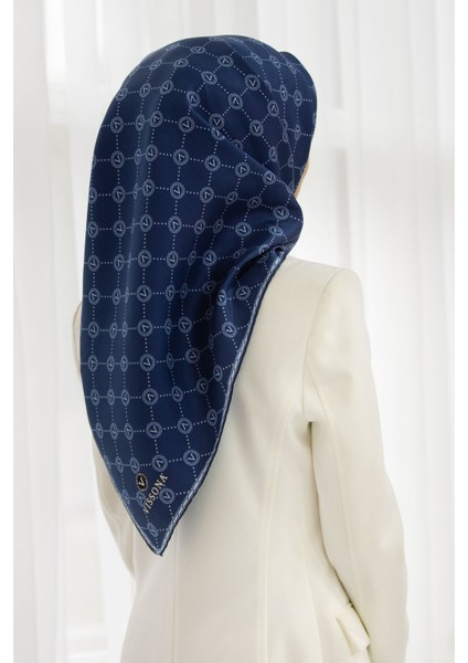 Gece Mavi-Indigo Monogram Desenli Tivil Ipek Eşarp DGN52033-0031