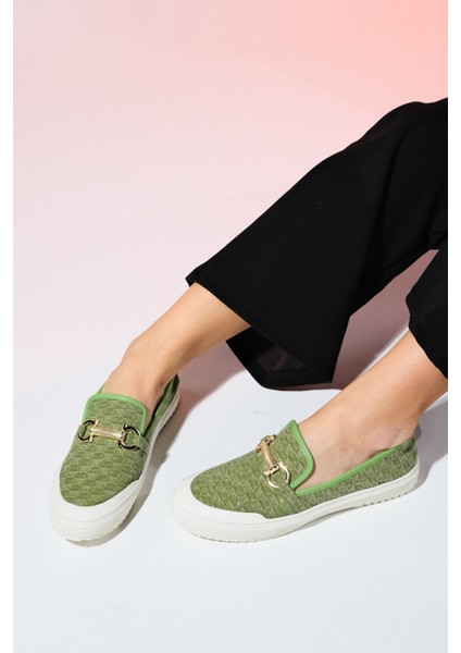 Marakeş Yeşil Kot Tokalı Kadın Loafer Ayakkabı