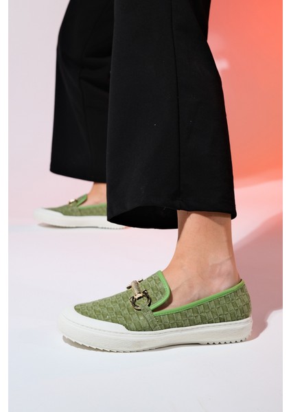 Marakeş Yeşil Kot Tokalı Kadın Loafer Ayakkabı