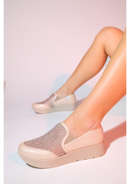 Purcan Bej Simli Fileli Kalın Tabanlı Kadın Günlük Ayakkabı