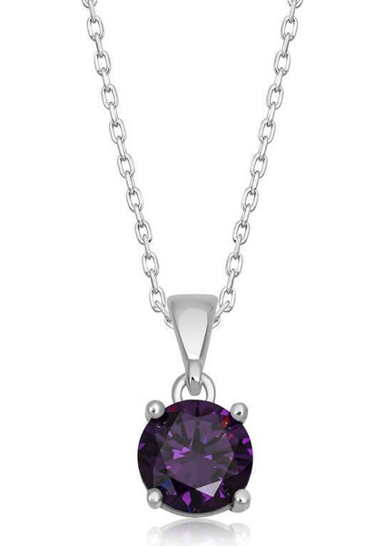 Gümüş Mor Kristal Yuvarlak Taşlı Kadın Kolye