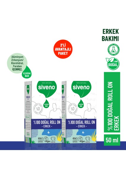 %100 Doğal Roll-On Erkek Deodorant Bitkisel Leke Bırakmayan Vegan 50 ml x 2 Adet