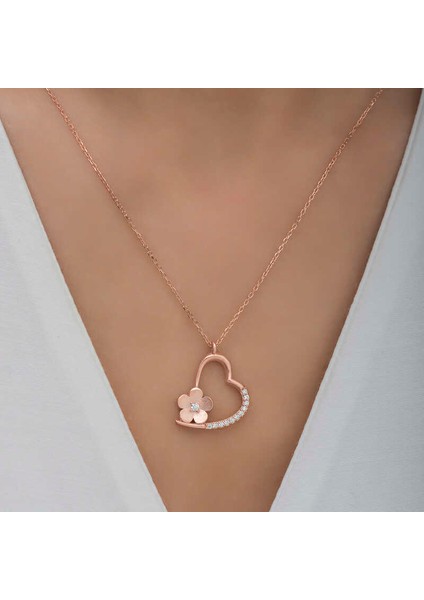 Gümüş Rose Çiçekli Kalp Kadın Kolye modelleri