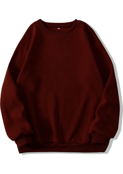 Kadın Basic 0 Sıfır Yaka Baskısız Düz Oversize Salaş Bol Kesim Polar Sweatshirt