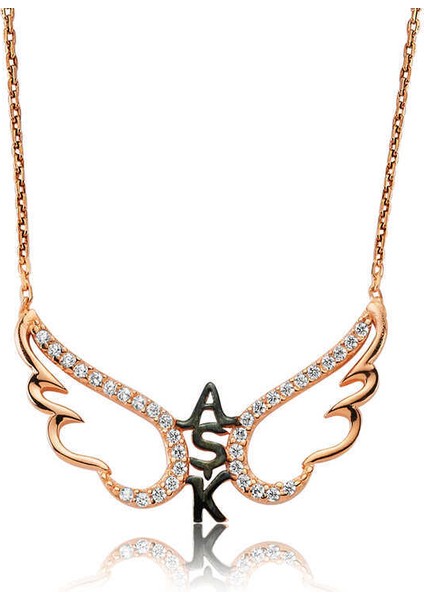 Gümüş Rose Aşk Yazılı Melek Kanadı Kadın Kolye