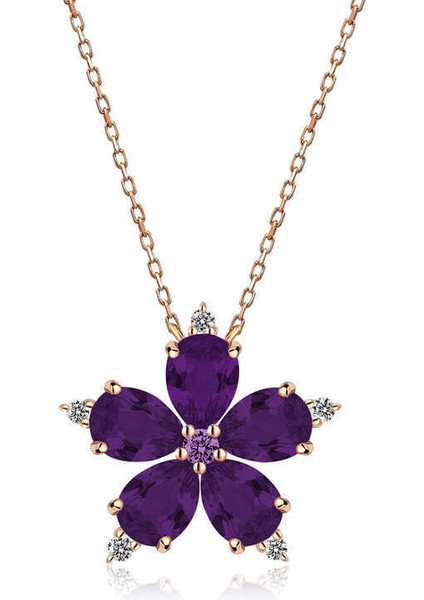 Gümüş Rose Mor Kamelya Çiçeği Kolye