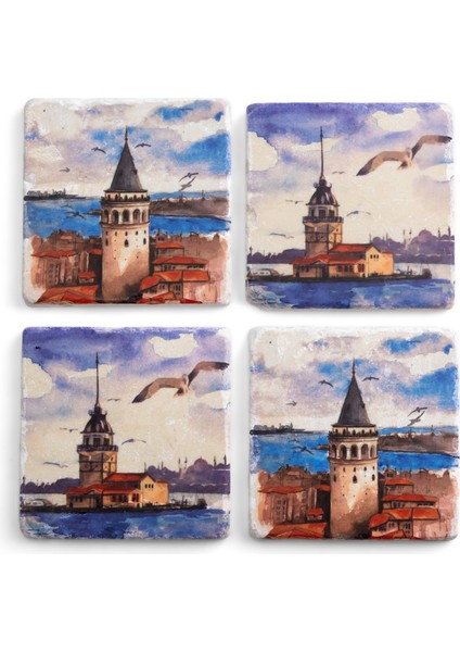 Galata Kulesi ve Kız Kulesi Özel Ahşap Kutulu 4'lü Traverten Bardak Altlığı fiyatları