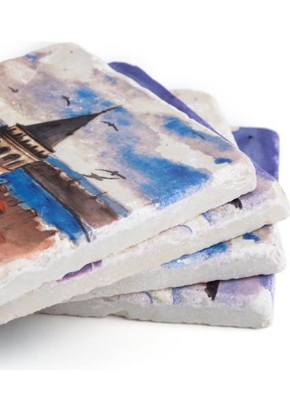 Galata Kulesi ve Kız Kulesi Özel Ahşap Kutulu 4'lü Traverten Bardak Altlığı fırsatları