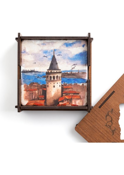 Galata Kulesi ve Kız Kulesi Özel Ahşap Kutulu 4'lü Traverten Bardak Altlığı indirimleri