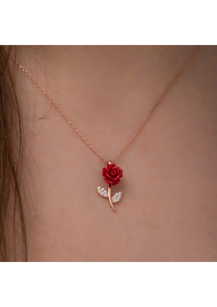 ​Gümüş Rose Kırmızı Gül Kolye modelleri
