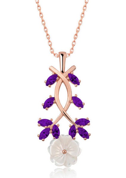 Gümüş Rose Mor Yapraklı Bahar Çiçeği Kolye