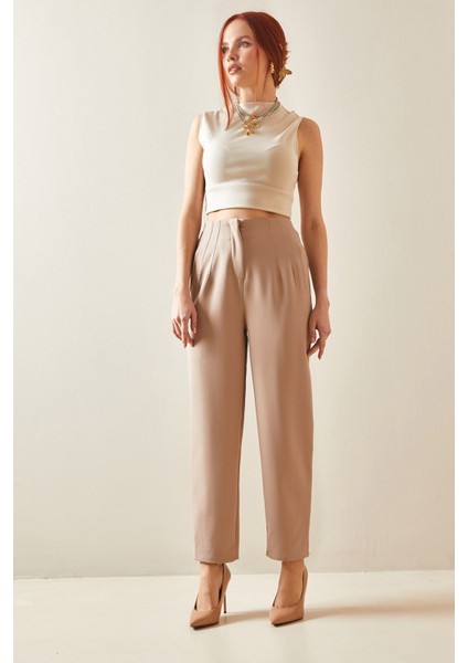 Bej Pens Dikişli Yüksek Bel Kalem Pantolon 5YXK5-48172-25