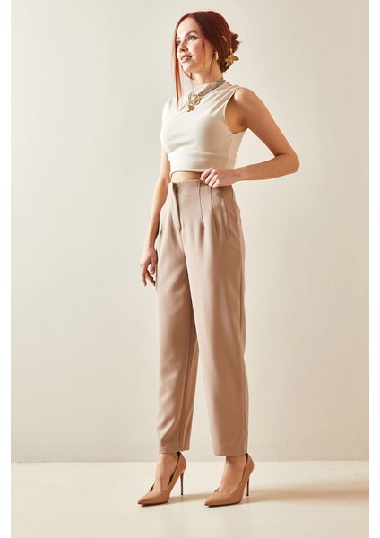 Bej Pens Dikişli Yüksek Bel Kalem Pantolon 5YXK5-48172-25 modelleri
